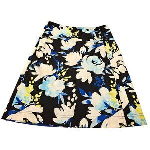 Floral A-Line Skirt With Snap Button Detail Black/Blue/White Womens Size M Cotto
